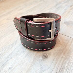 Leather Island Black Leather Belt 40 Wide Red Gray Stitch Y2K Statement Belt